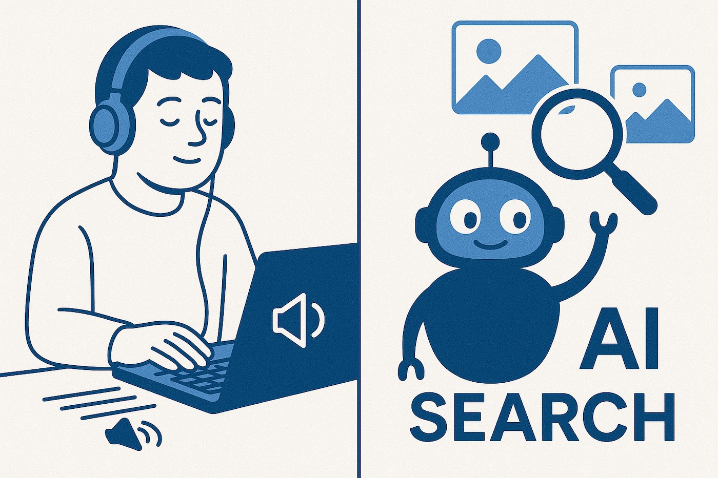 A person with headphones using a laptop for research alongside a friendly robot illustrating AI-supported image search.
