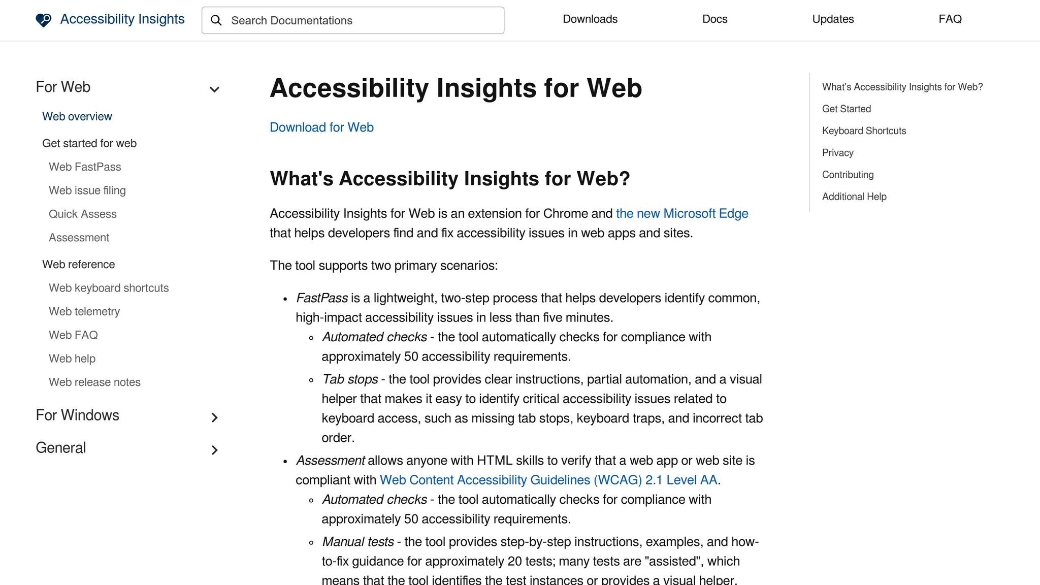 Microsoft Accessibility Insights browser extension interface