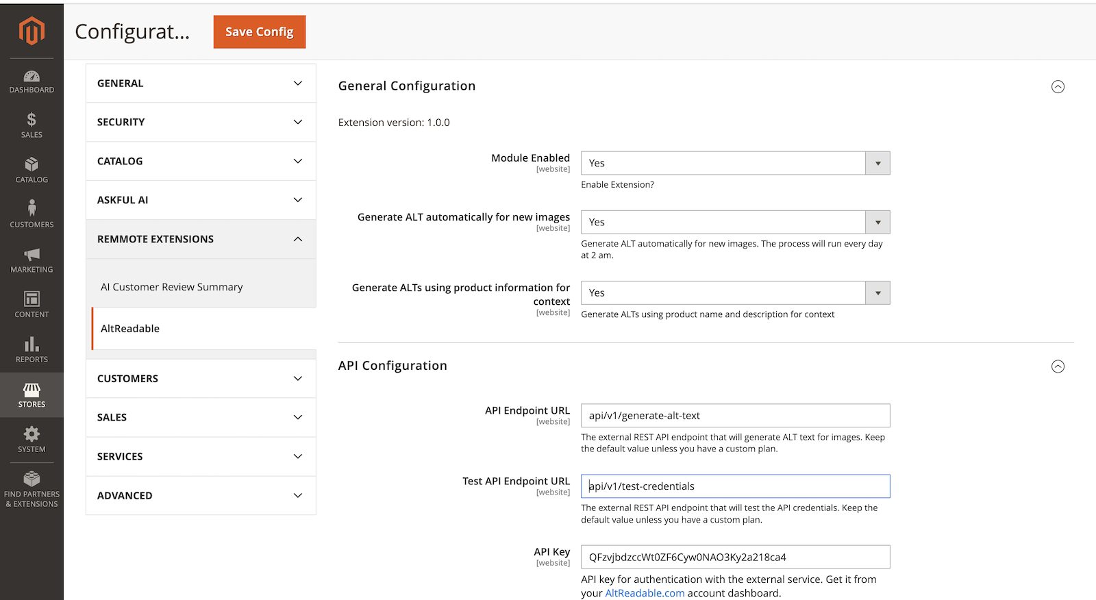 Magento extension configuration screen showing API key setup and settings