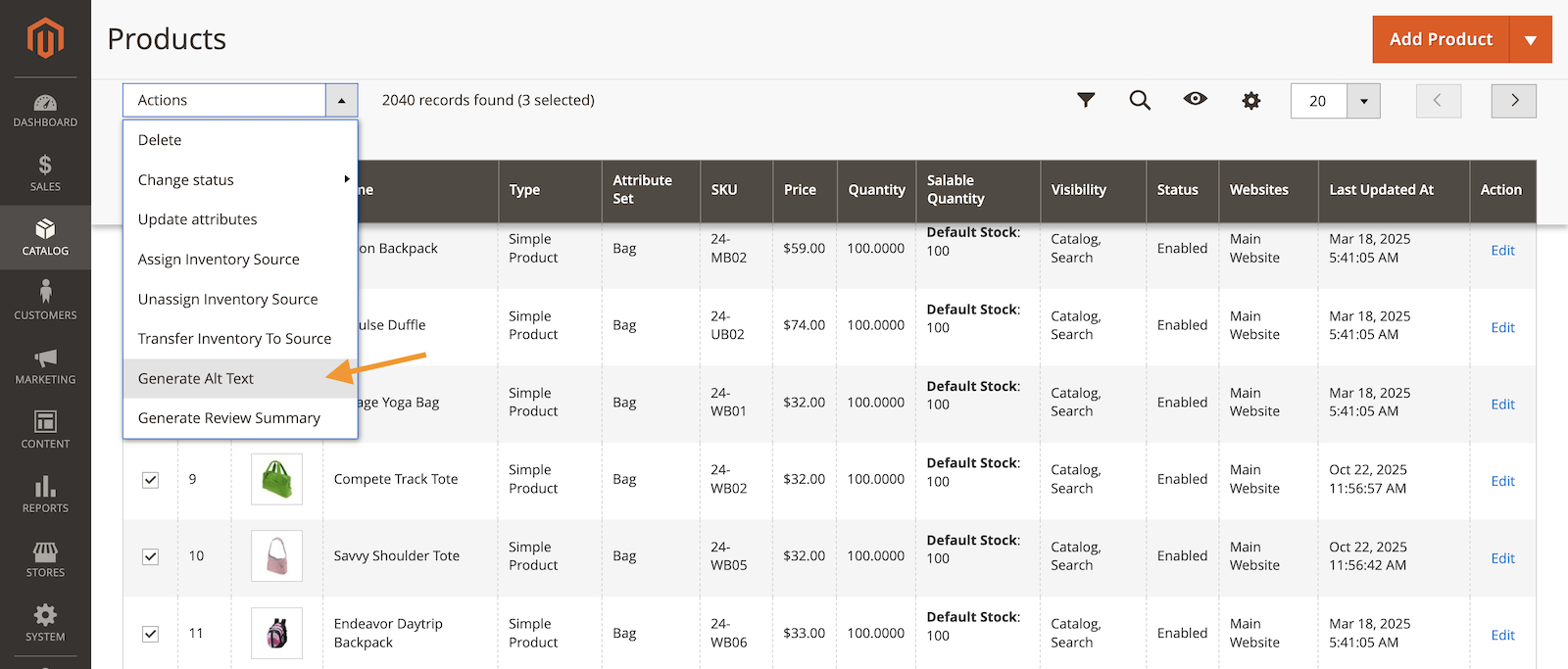 Individual and bulk alt text generation from Magento product grid