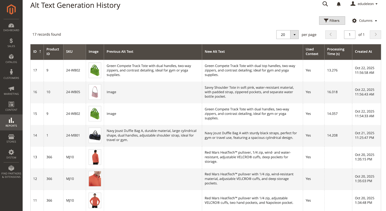 Dashboard showing history of generated alt text for product images